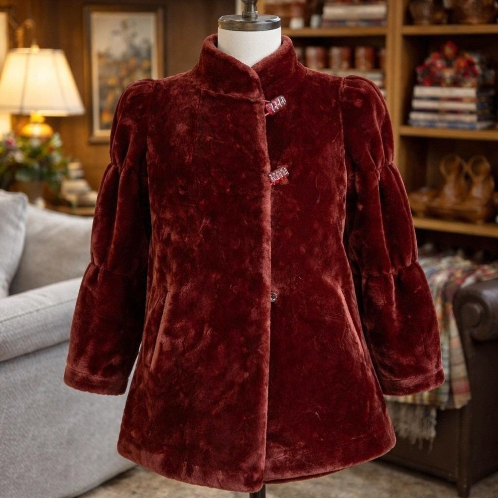 Vintage Sasson Borgazia Faux Fur Coat Women 10 Burgundy Puff Sleeve Mob Wife